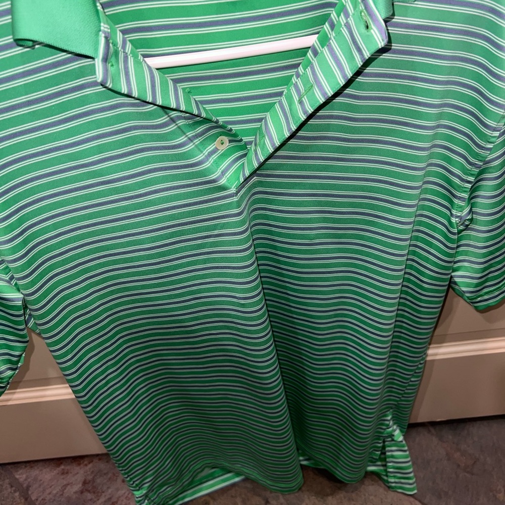 Peter Millar Green and White Striped Polo